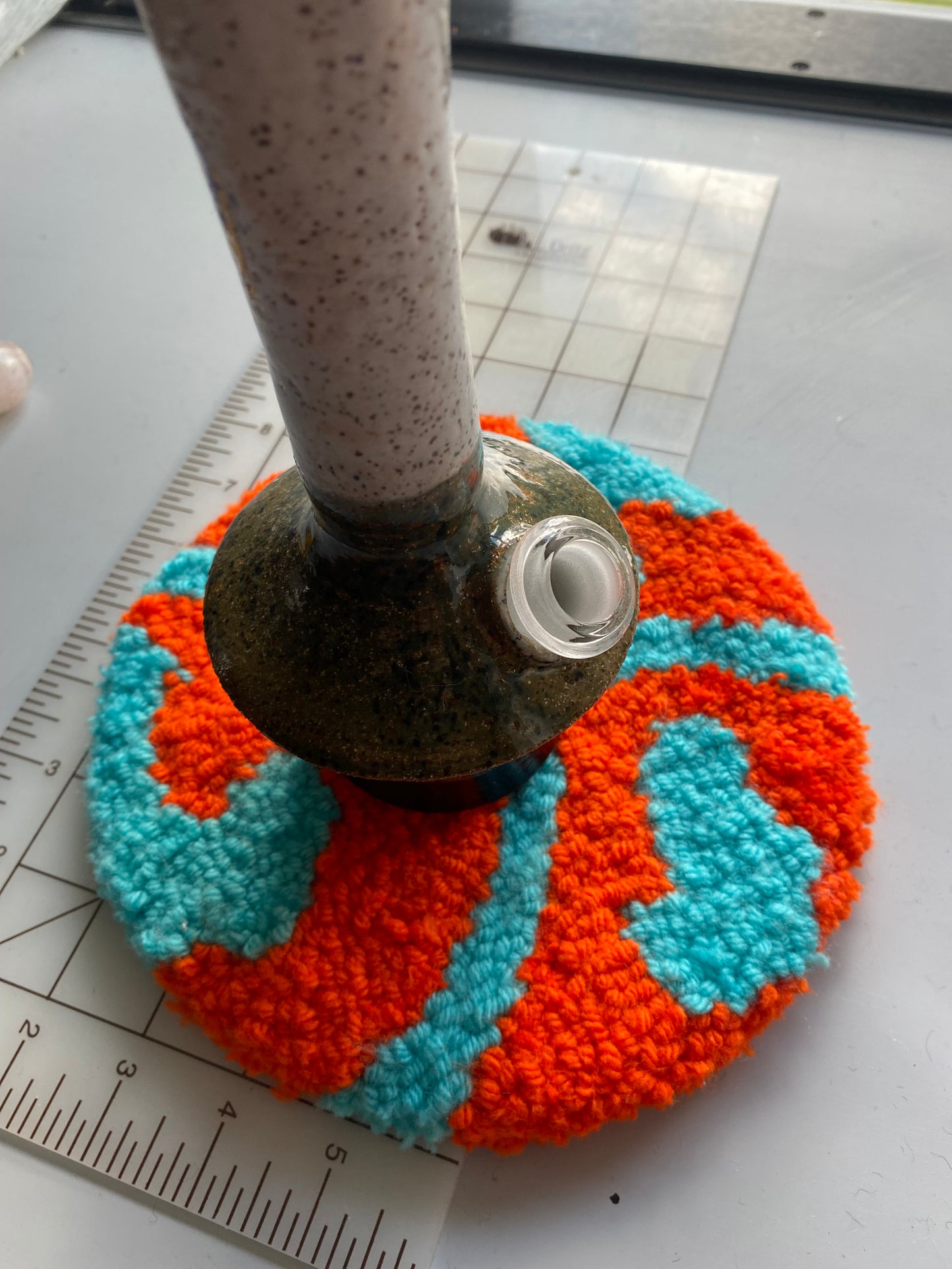 Orange and Blue 8.5” Hand Tuft Carpet Bong/Pipe Display