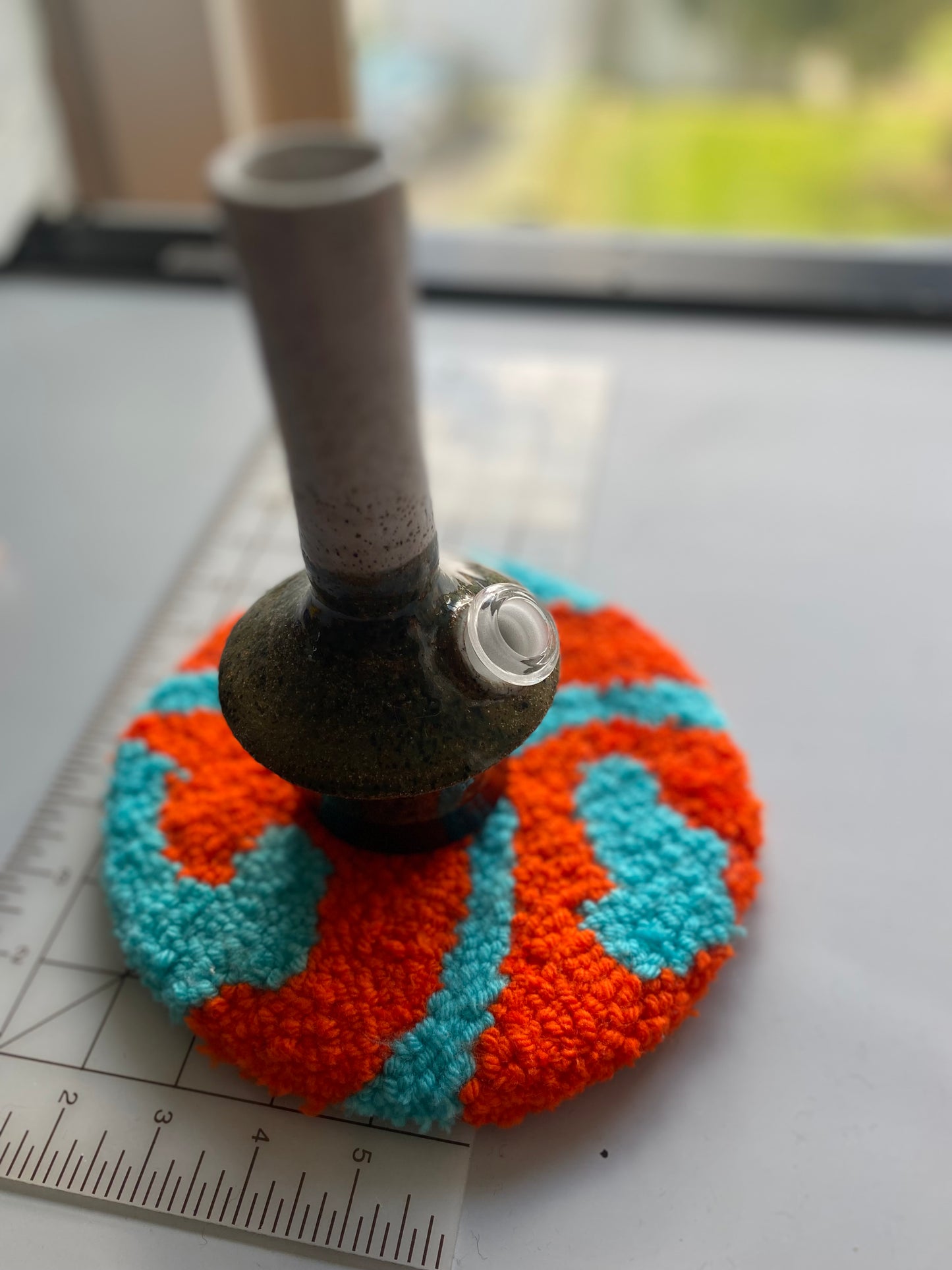 Orange and Blue 8.5” Hand Tuft Carpet Bong/Pipe Display