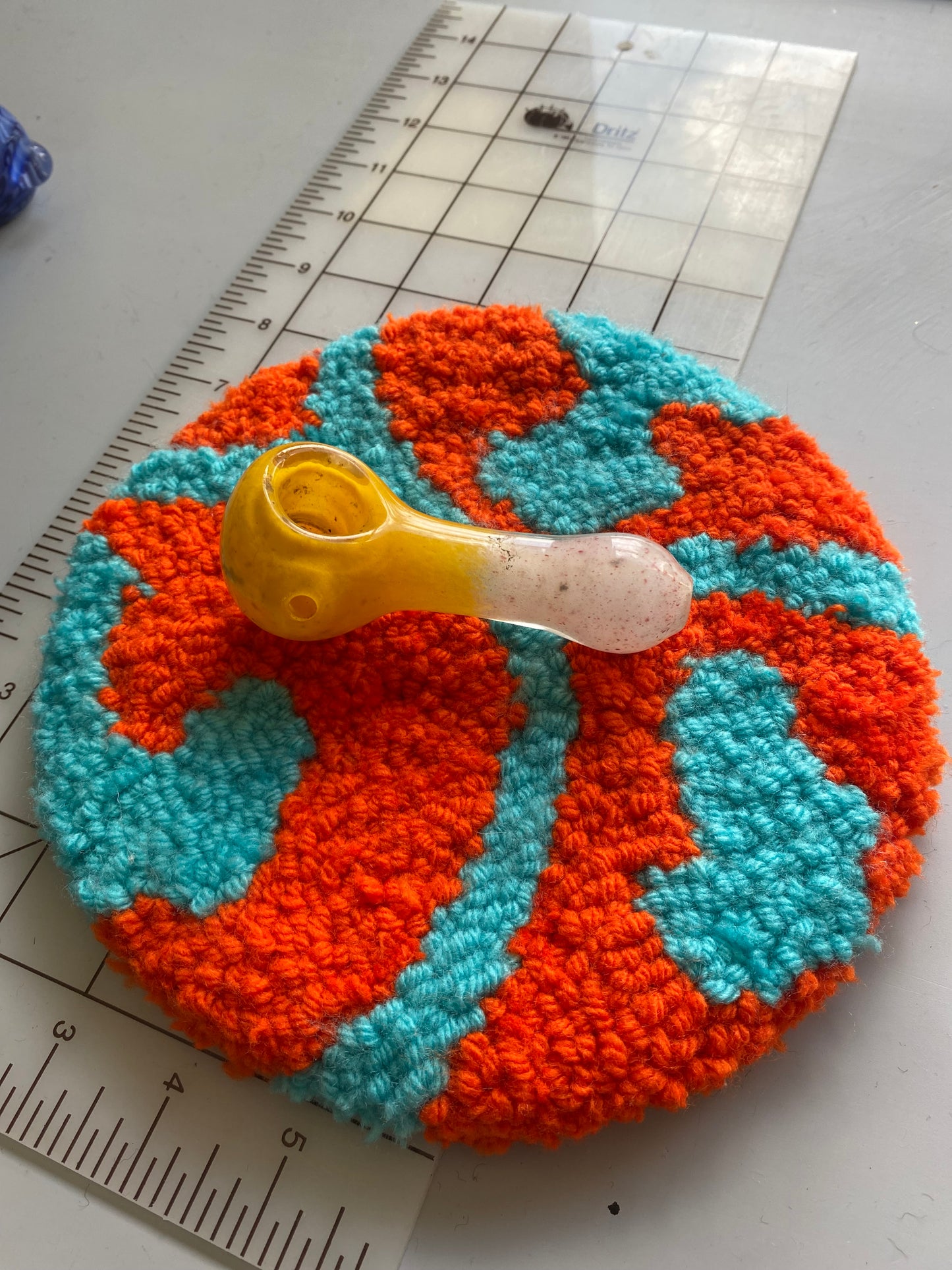 Orange and Blue 8.5” Hand Tuft Carpet Bong/Pipe Display